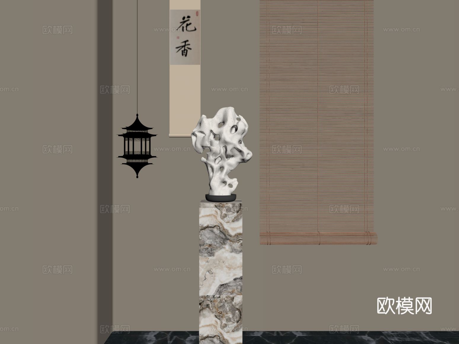 雕塑摆件 新中式雕塑摆件 太湖石 吊灯 挂画su模型