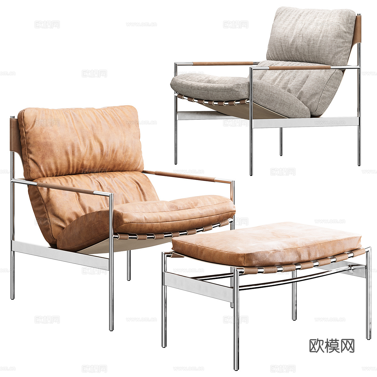 现代意式皮革布艺休闲椅3d模型