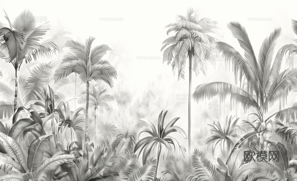 欧式田园热带雨林棕榈植物壁纸壁画下载(渲染图2)