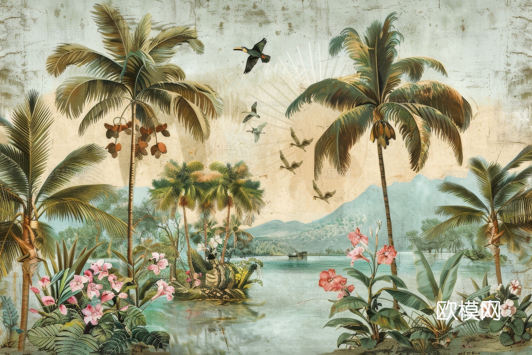 欧式田园热带雨林棕榈植物壁纸壁画