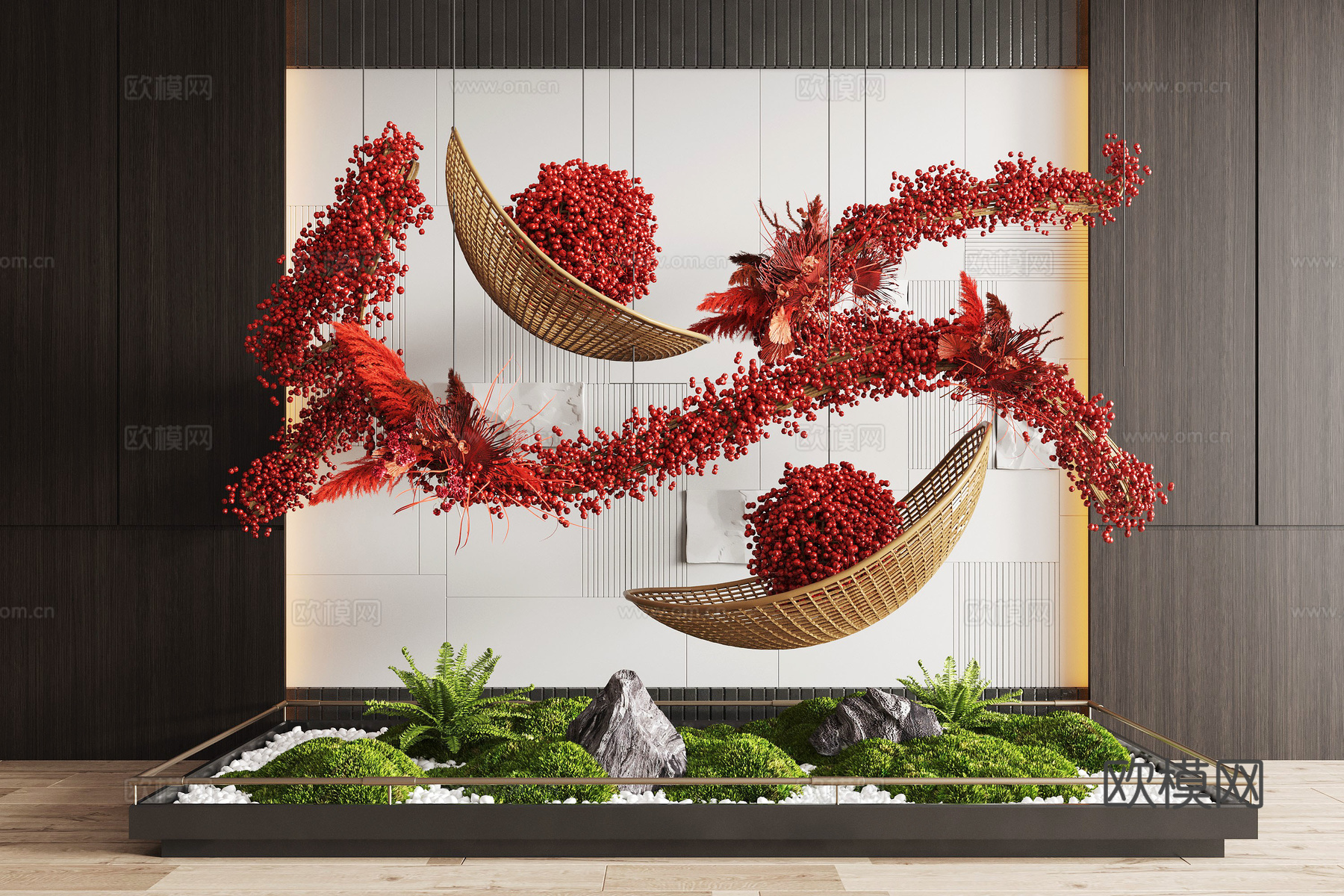 现代室内景观造景 苔藓景观 景观小品 藤编装置 植物装置su模型
