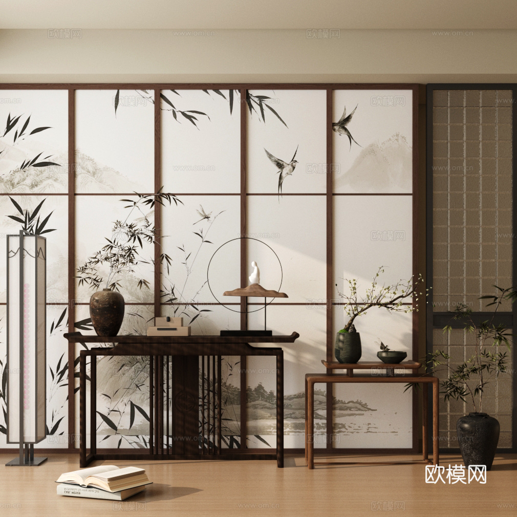 新中式条案 端景台 中式屏风3d模型