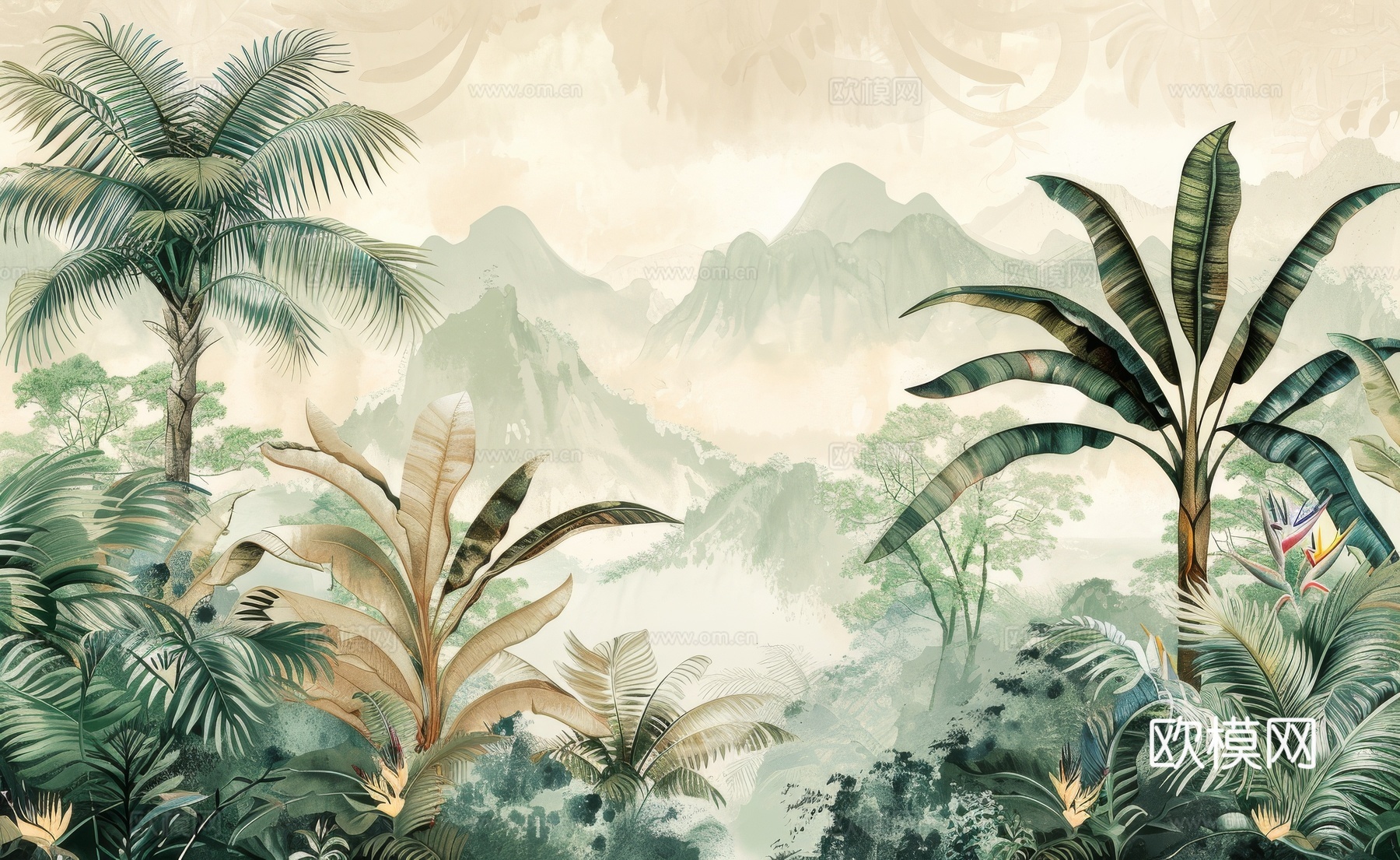 欧式田园热带雨林棕榈植物壁纸壁画