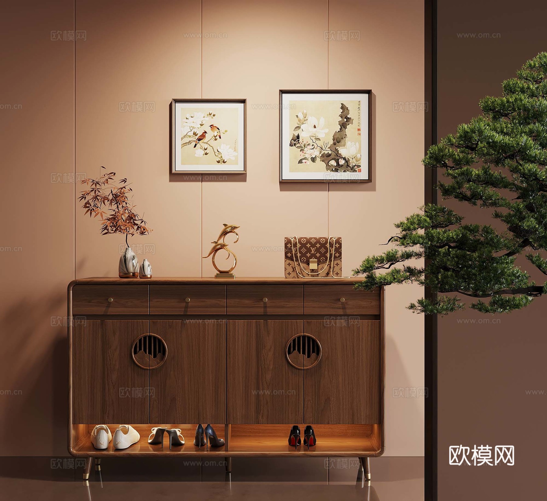 新中式鞋柜 玄关柜 挂画3d模型