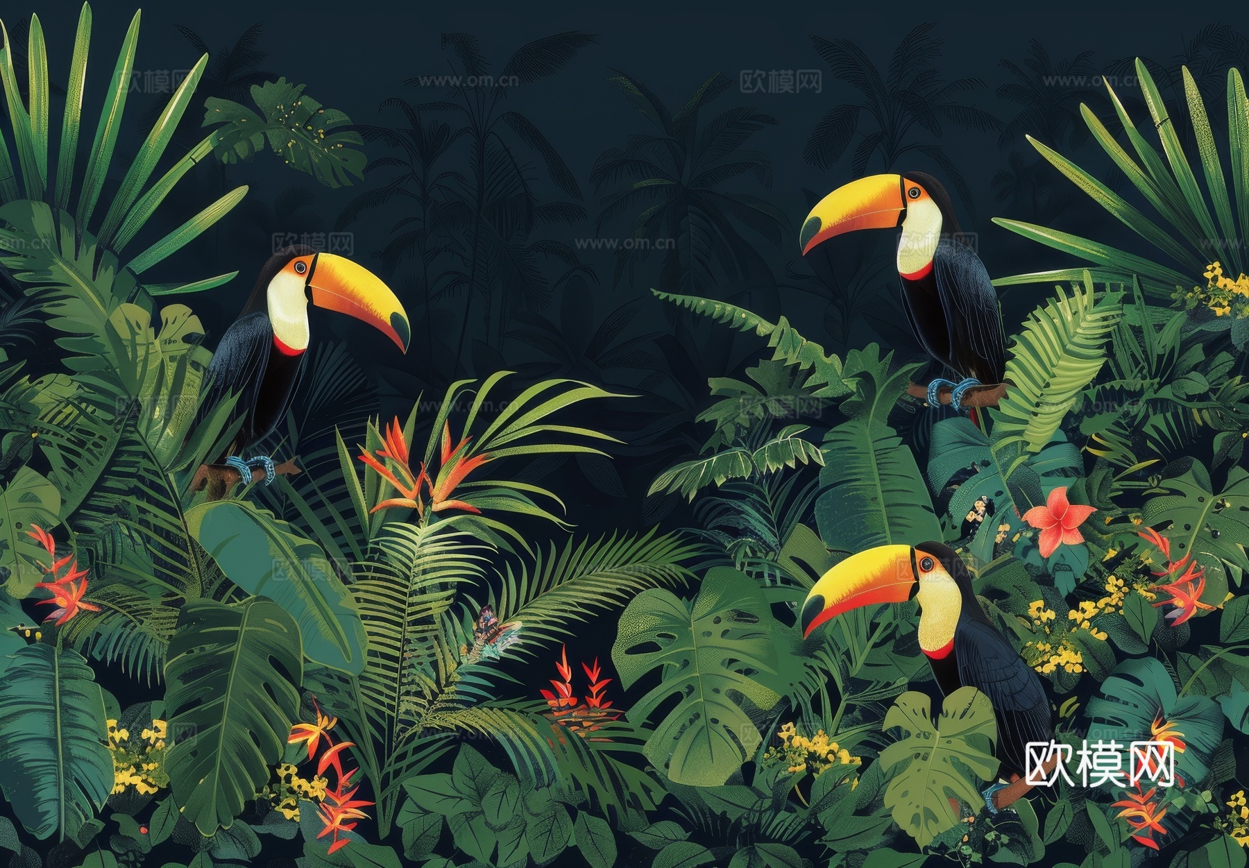 欧式田园热带雨林棕榈植物壁纸壁画下载（渲染图1）