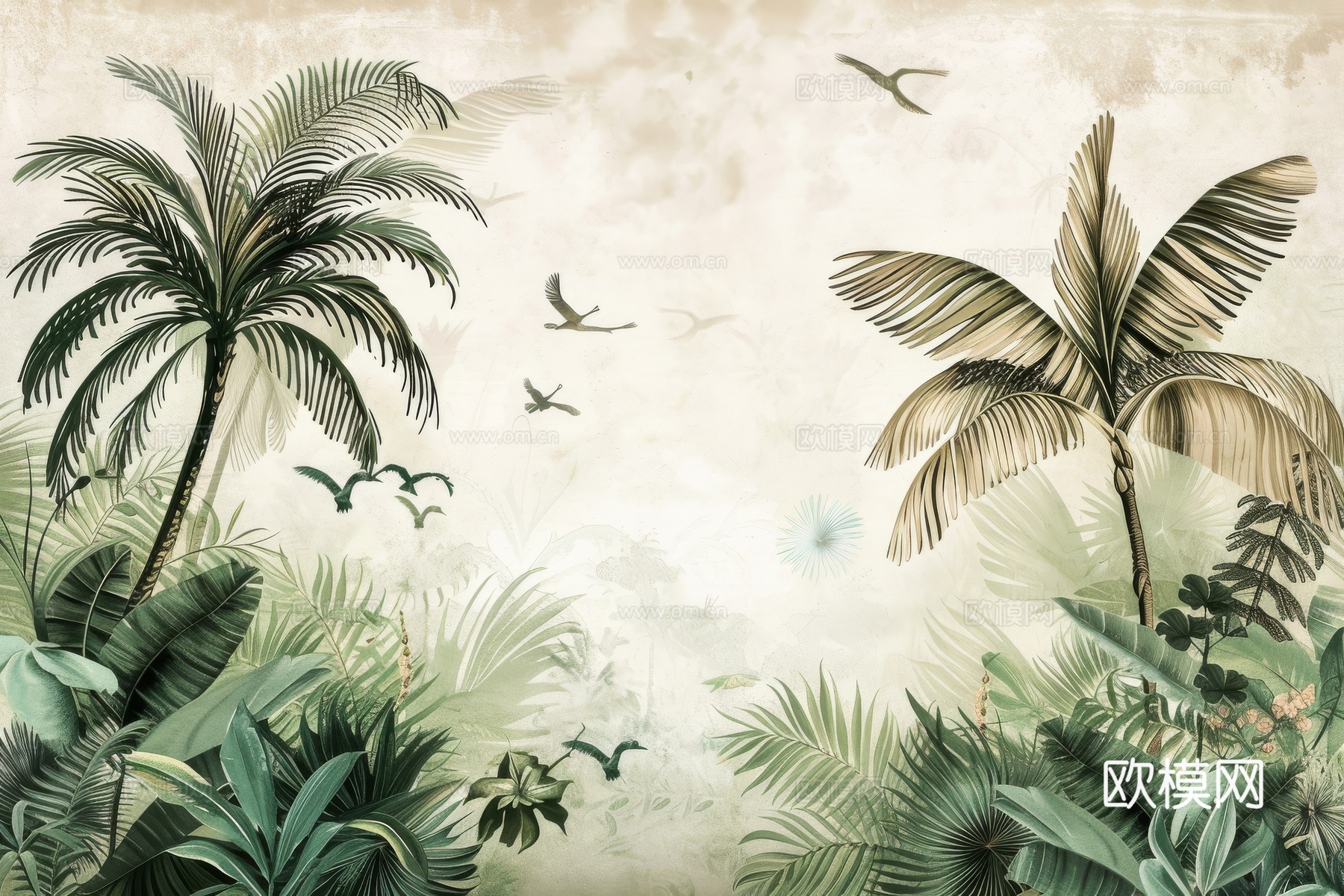 欧式田园热带雨林棕榈植物壁纸壁画