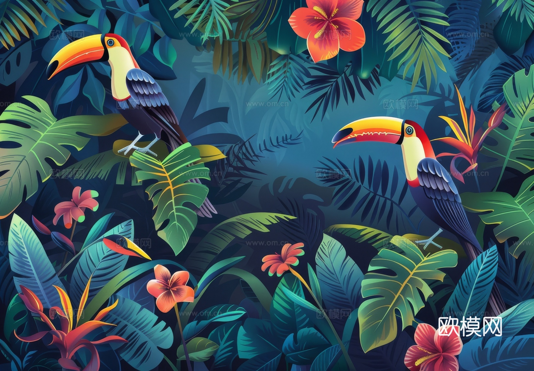 欧式田园热带雨林棕榈植物壁纸壁画下载（渲染图3）