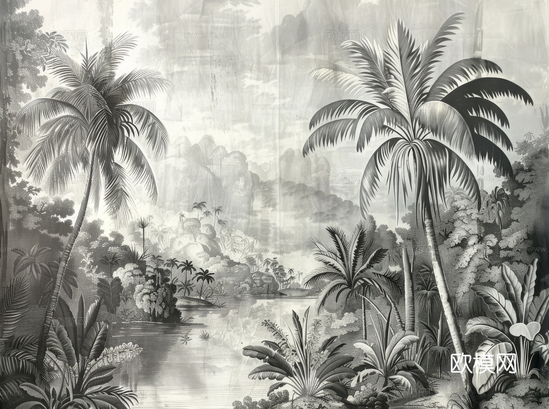 欧式田园热带雨林棕榈植物壁纸壁画下载（渲染图5）