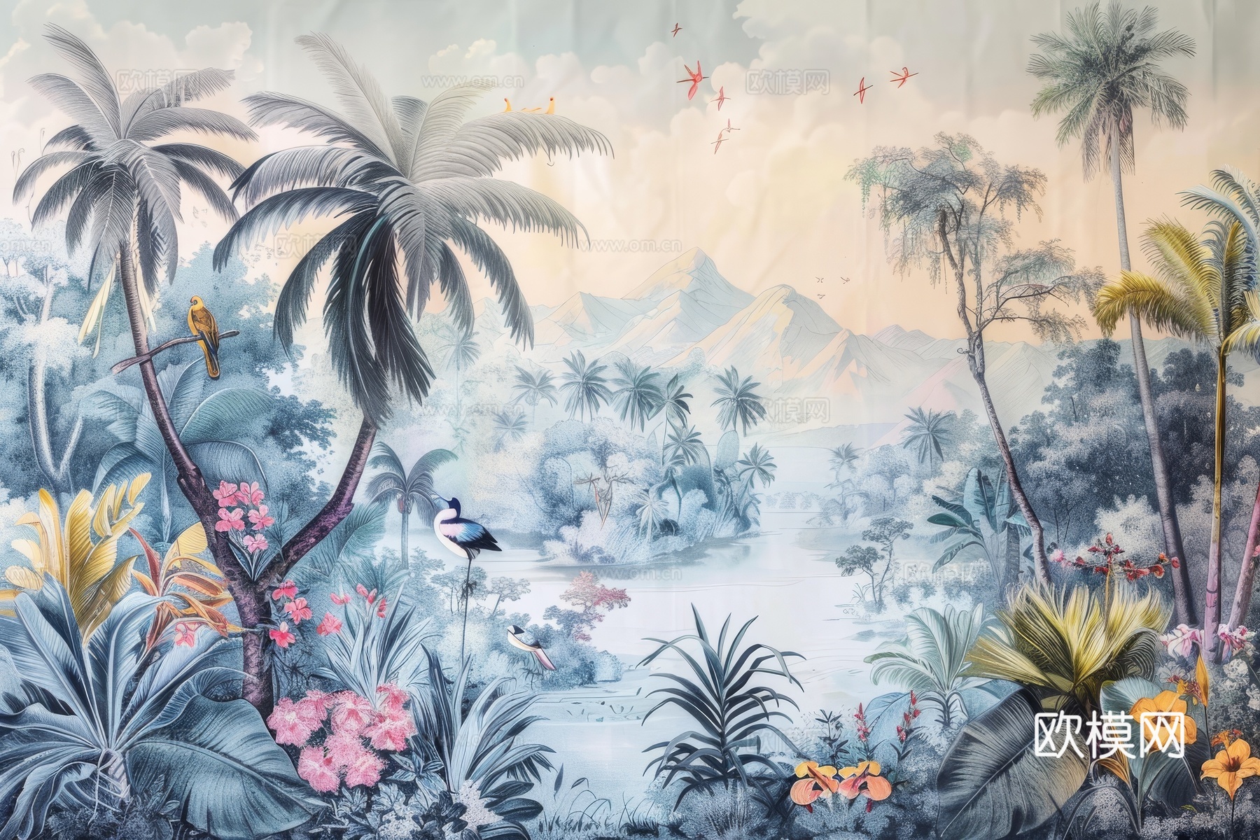 欧式田园热带雨林棕榈植物壁纸壁画
