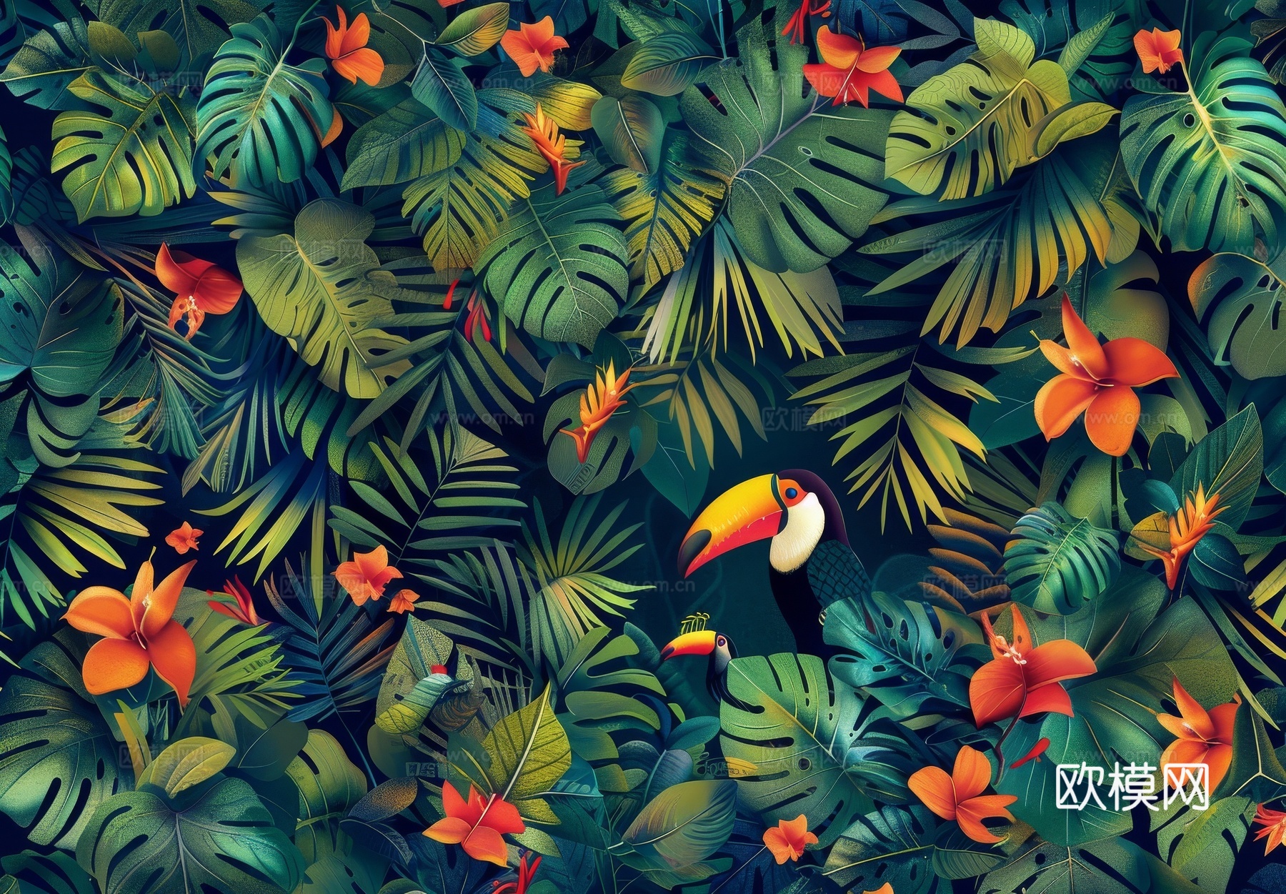 欧式田园热带雨林棕榈植物壁纸壁画下载（渲染图4）