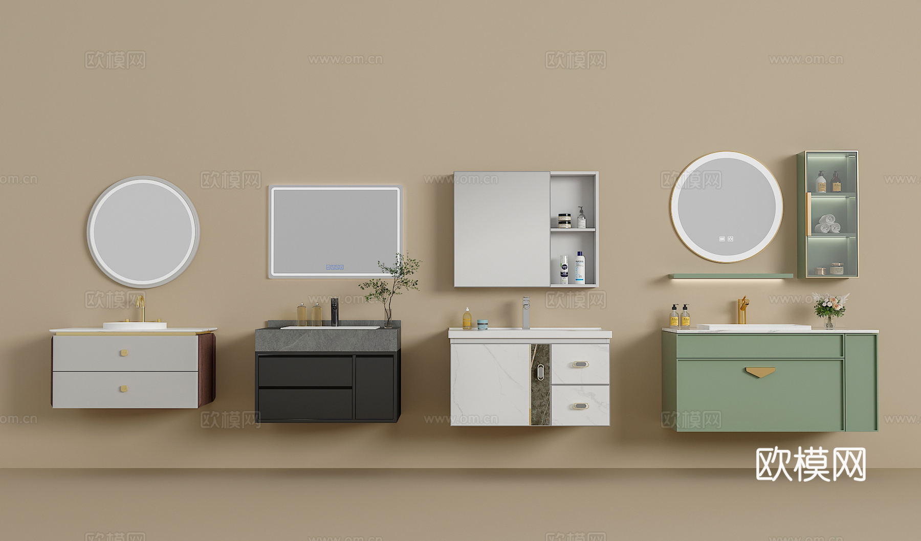 浴室柜组合 卫浴用品摆件 洗手盆 绿植 水龙头 镜柜su模型