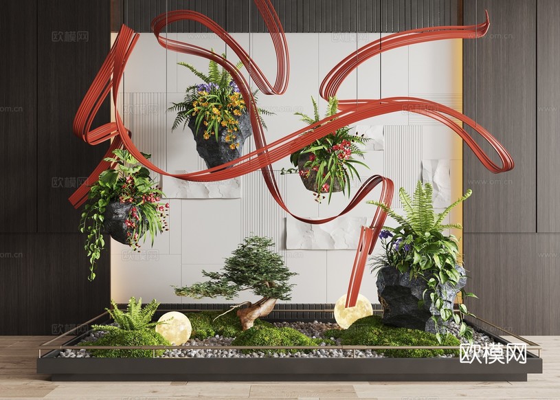 现代室内景观造景 苔藓景观 景观小品 藤编装置 植物装置su模型下载(渲染图1)