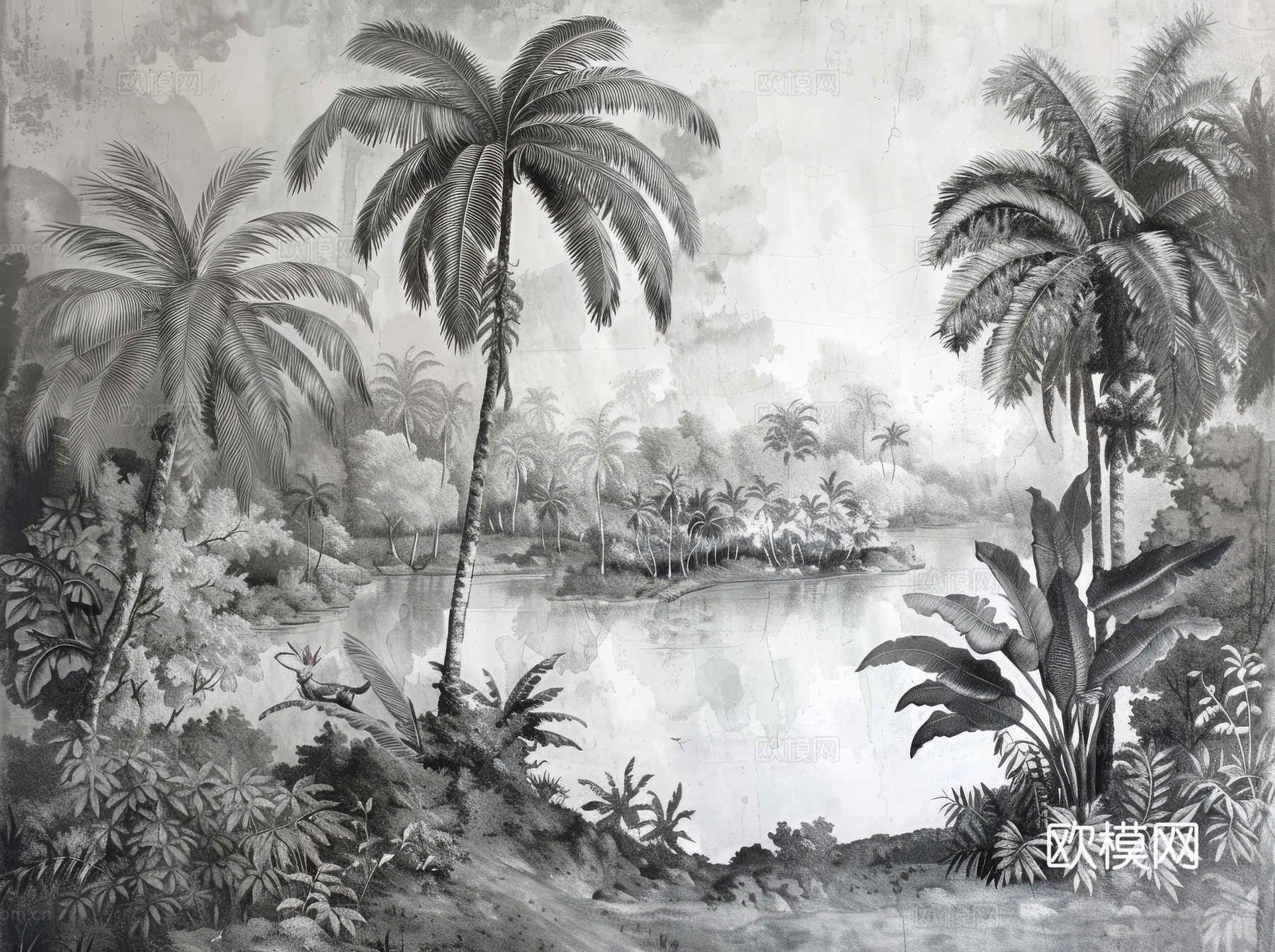 欧式田园热带雨林棕榈植物壁纸壁画下载（渲染图2）
