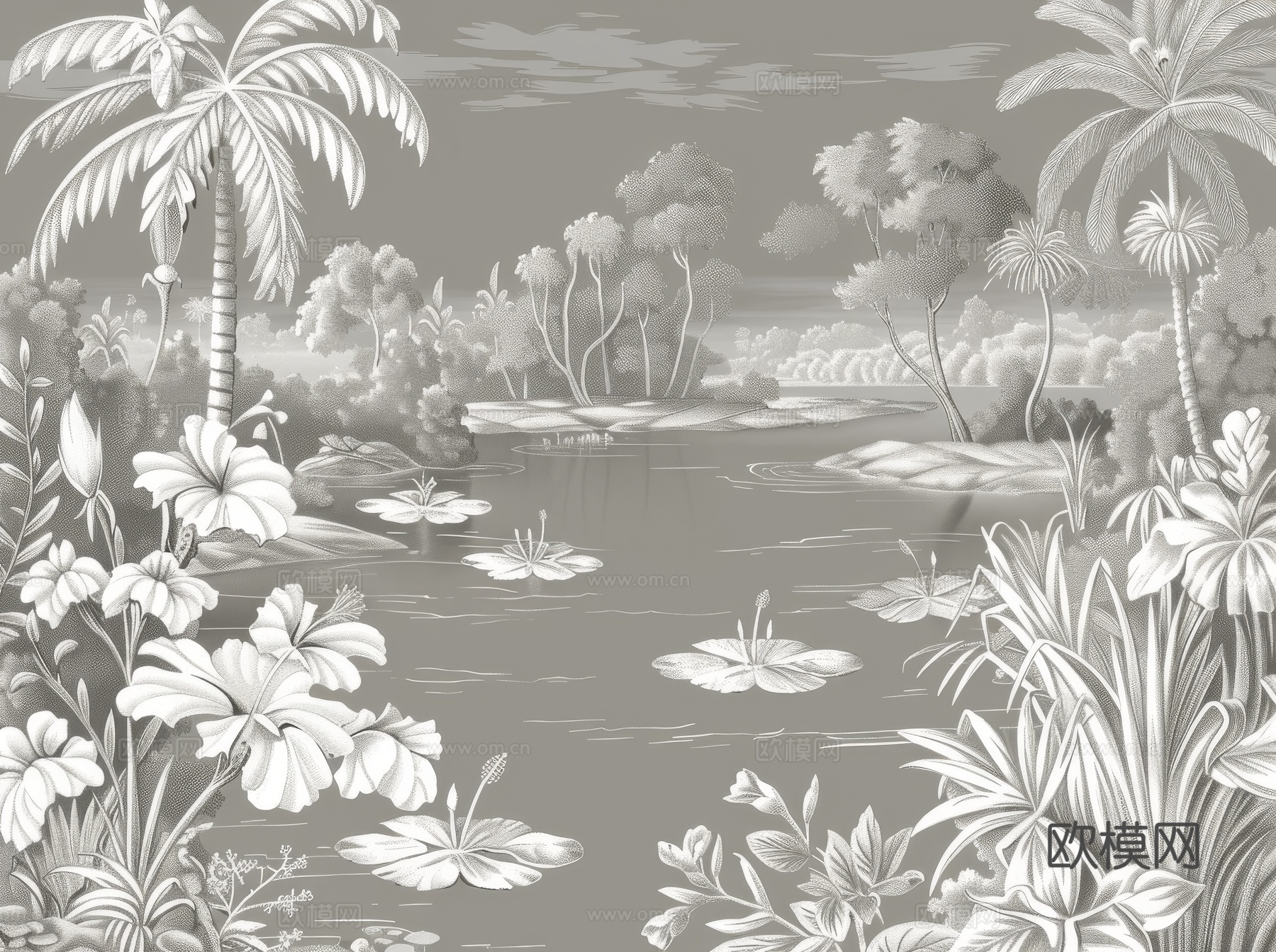 欧式田园热带雨林棕榈植物壁纸壁画下载（渲染图7）