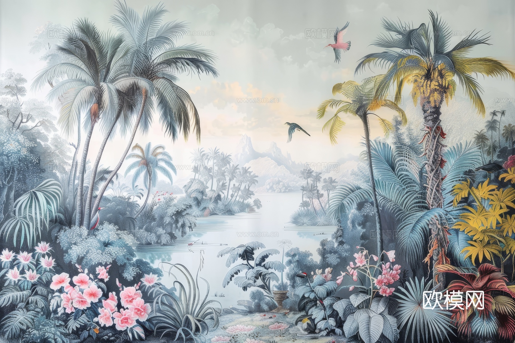欧式田园热带雨林棕榈植物壁纸壁画