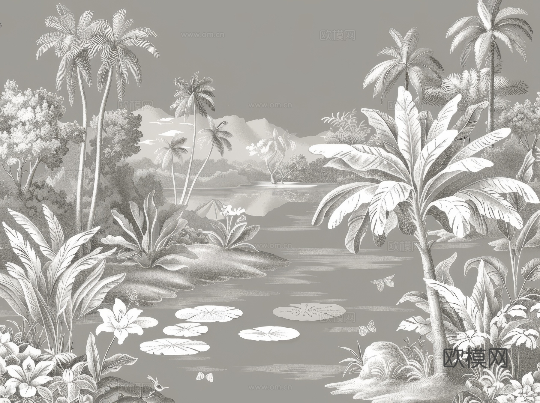 欧式田园热带雨林棕榈植物壁纸壁画下载（渲染图1）