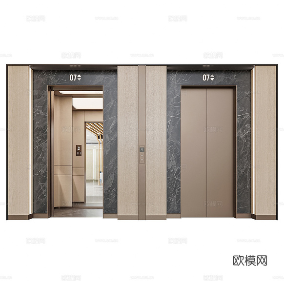 新中式轻奢电梯厅3d模型下载(渲染图1)