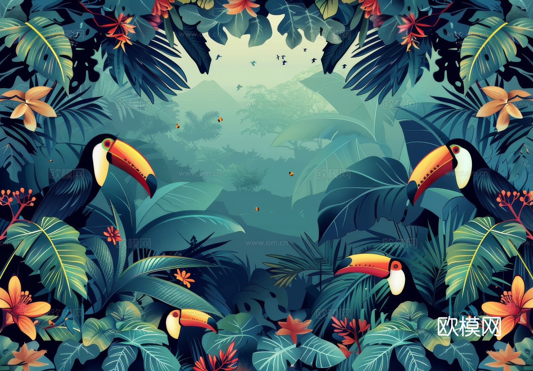 欧式田园热带雨林棕榈植物壁纸壁画下载（渲染图2）