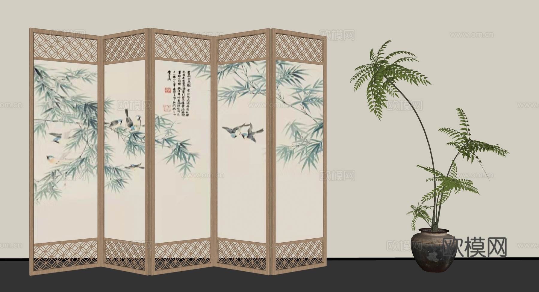 新中式屏风隔断 木制屏风隔断 盆栽su模型