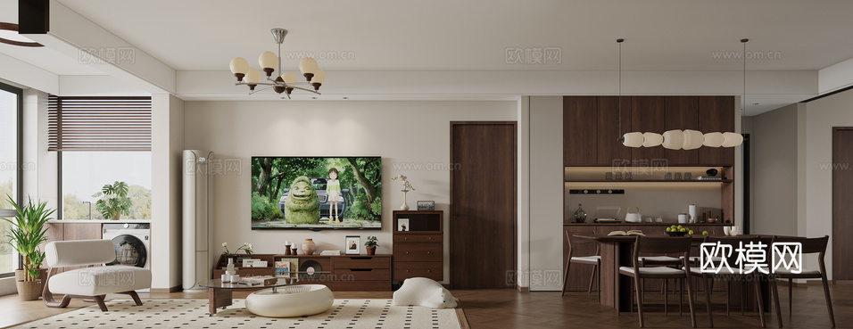 中古风客厅餐厅电视背景酒柜3d模型下载