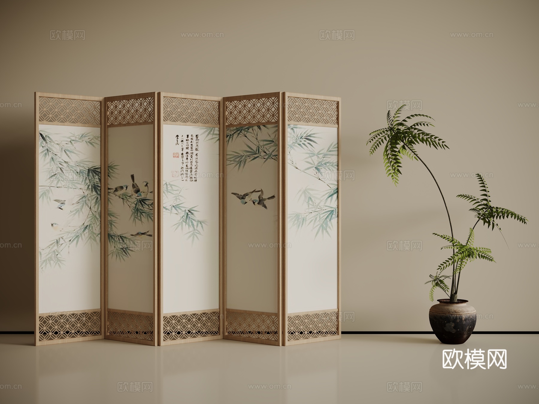 新中式屏风隔断 木制屏风隔断 木隔断 花架3d模型