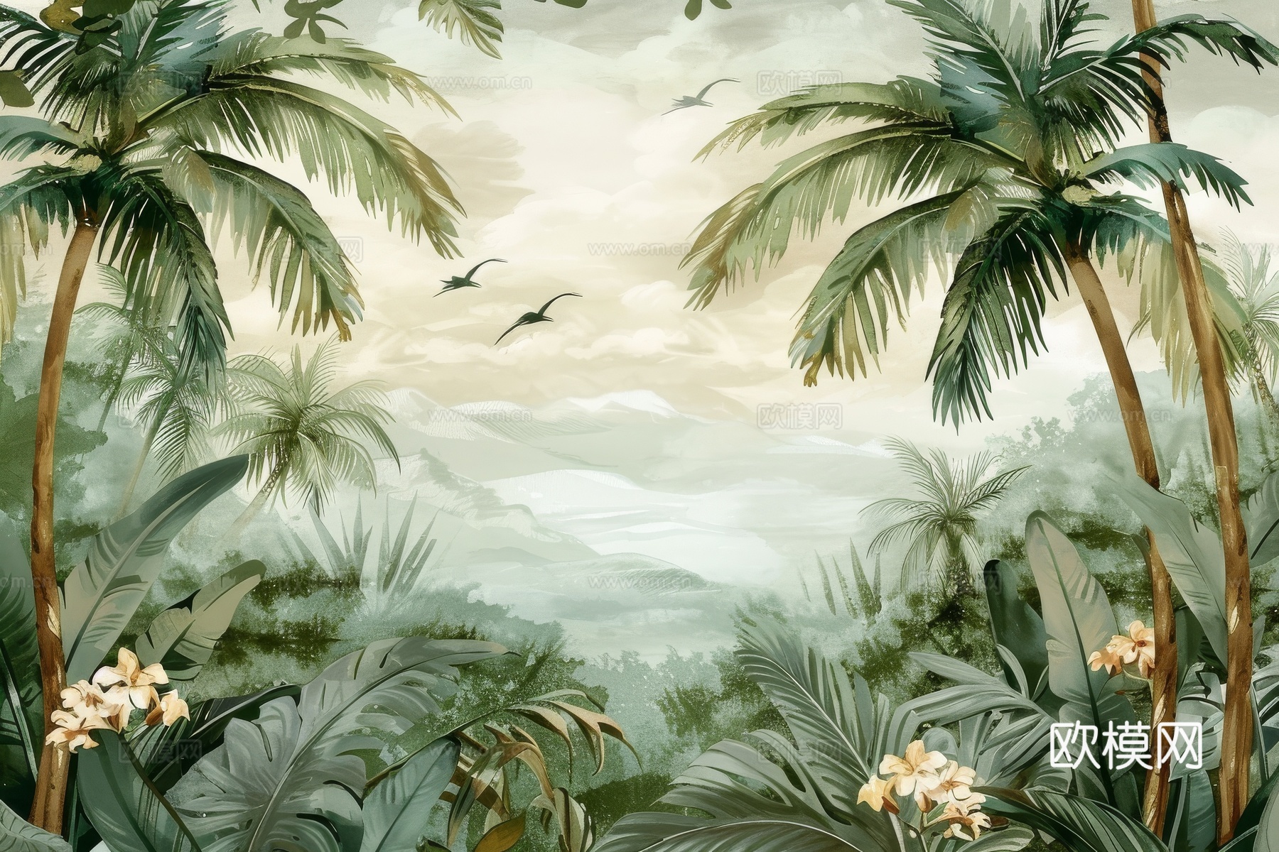 欧式田园热带雨林棕榈植物壁纸壁画
