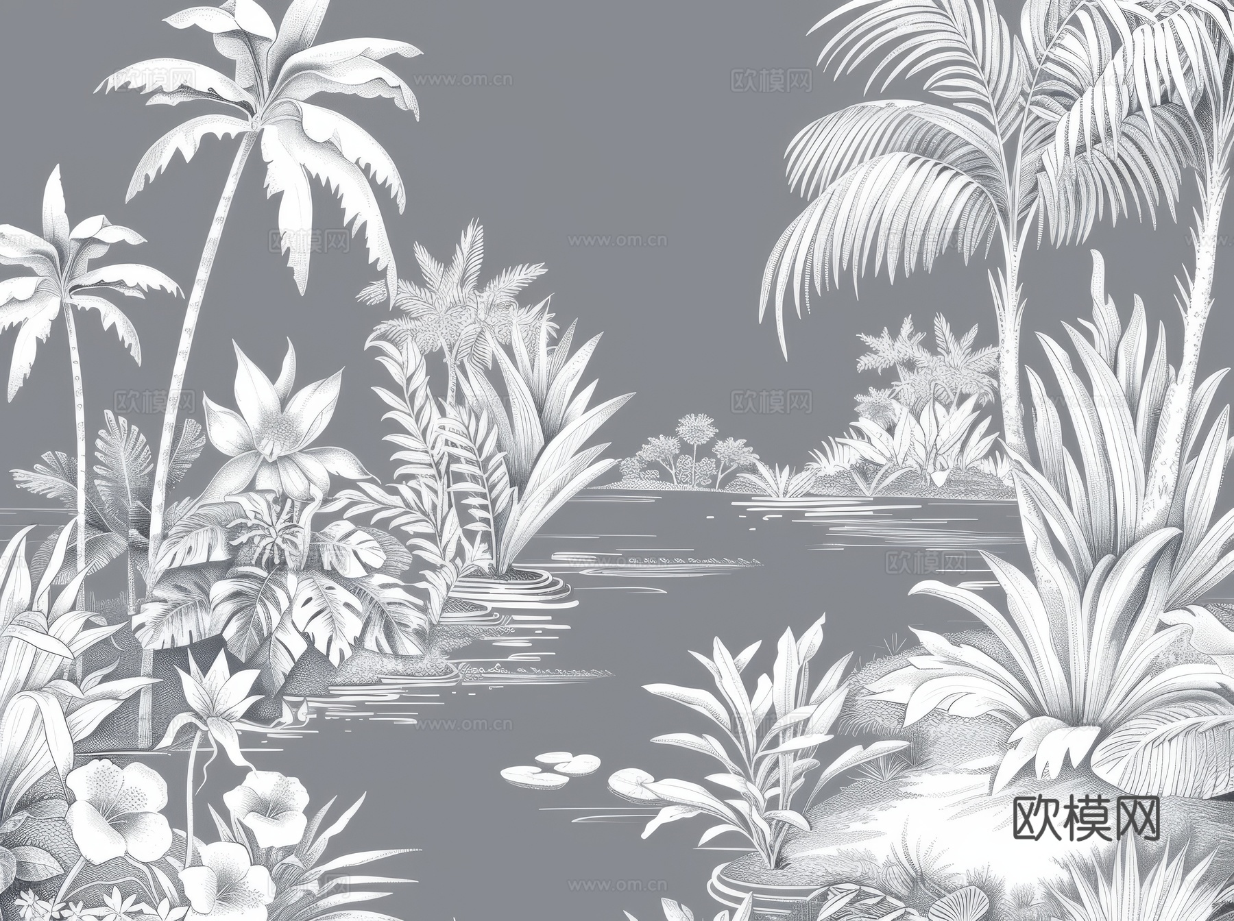 欧式田园热带雨林棕榈植物壁纸壁画下载（渲染图3）