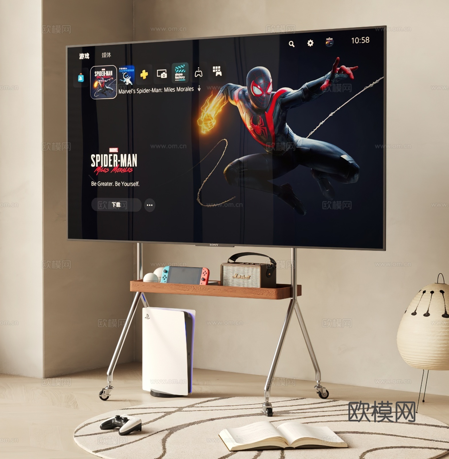 现代中古风支架电视 sony电视 移动电视 游戏机 PS5su模型