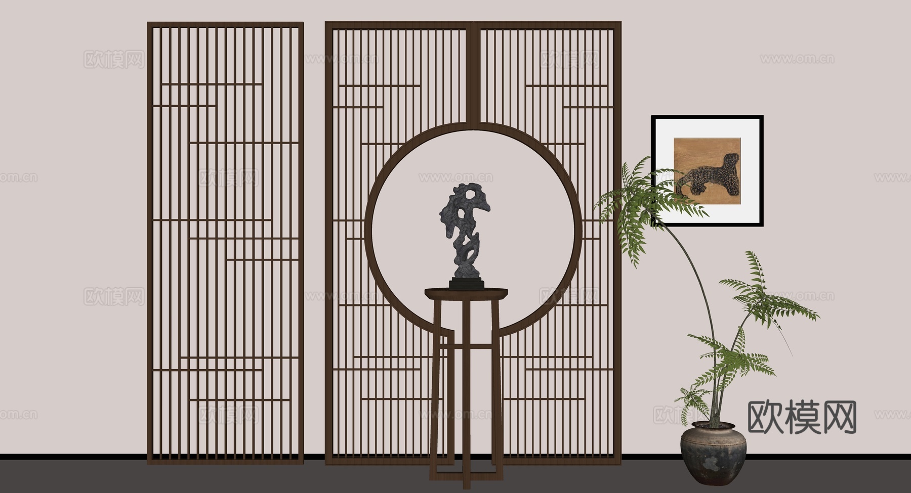 新中式屏风隔断 木制屏风隔断 木隔断 花架su模型