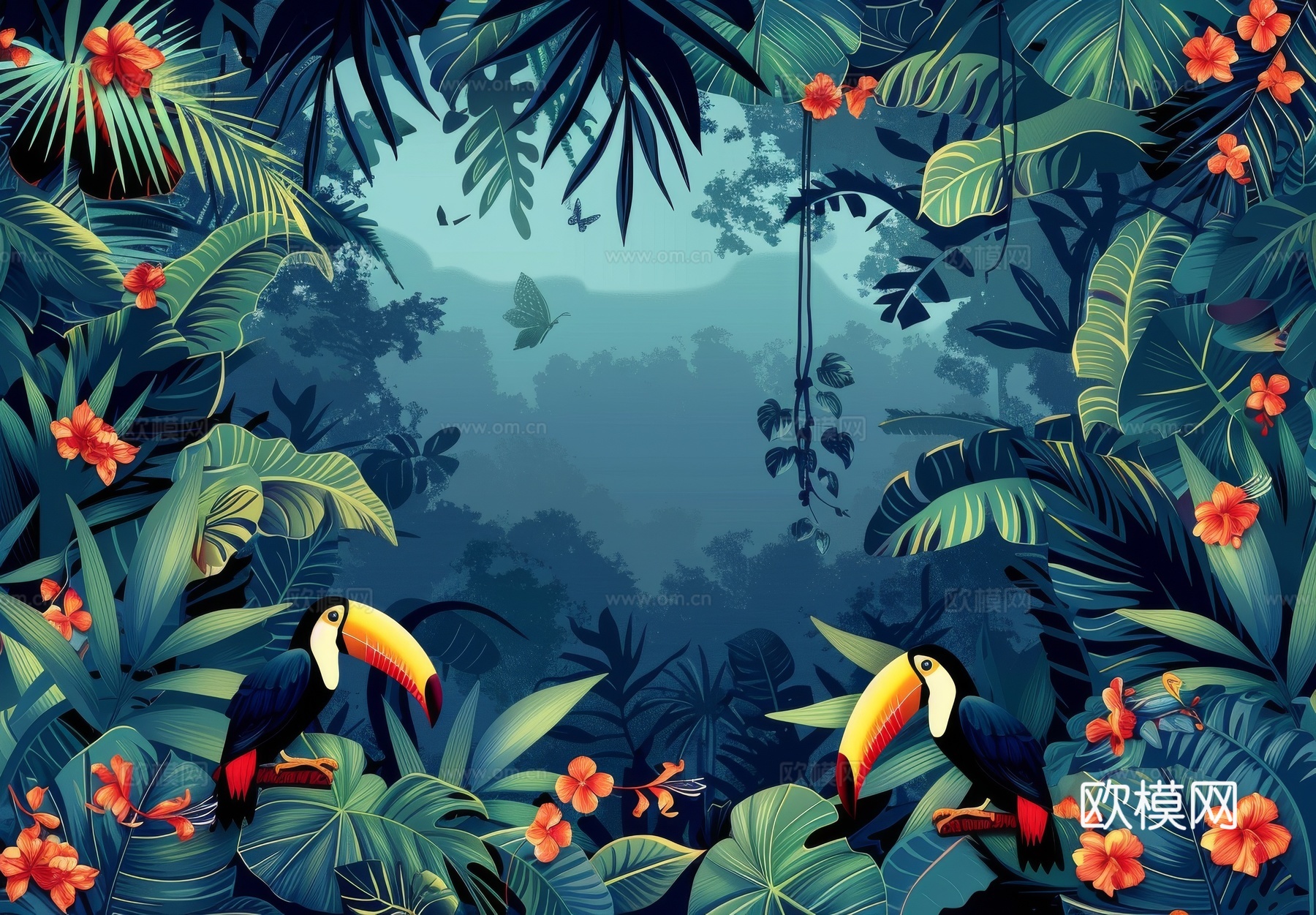 欧式田园热带雨林棕榈植物壁纸壁画下载（渲染图5）