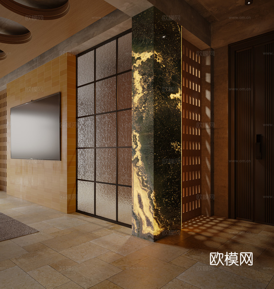 工业风原木小屋,客餐厅3d模型下载(渲染图1)