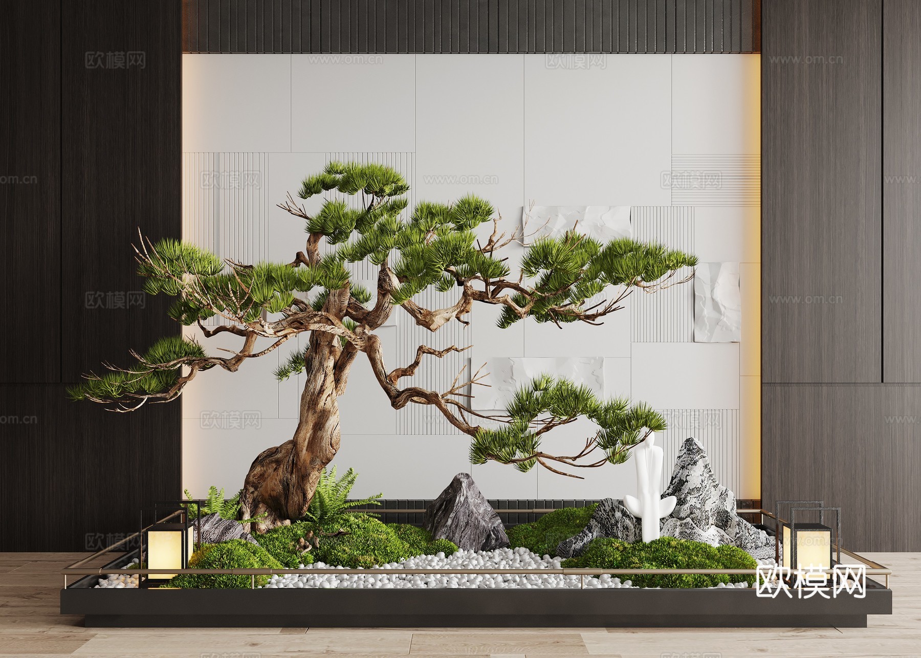 现代室内景观造景 苔藓景观 景观小品  迎客松 松树3d模型