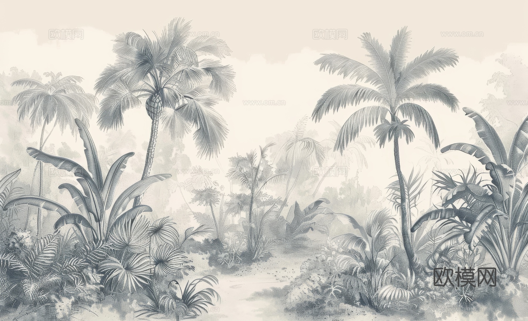 欧式田园热带雨林棕榈植物壁纸壁画下载（渲染图2）