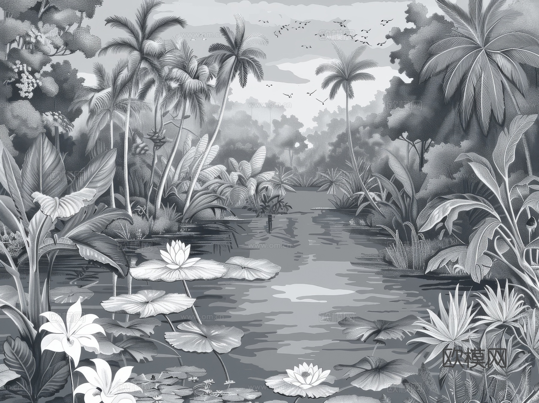 欧式田园热带雨林棕榈植物壁纸壁画下载（渲染图6）