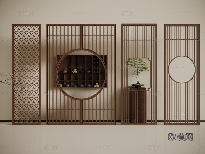 新中式屏风隔断 木制屏风隔断 木隔断 花架3d模型下载