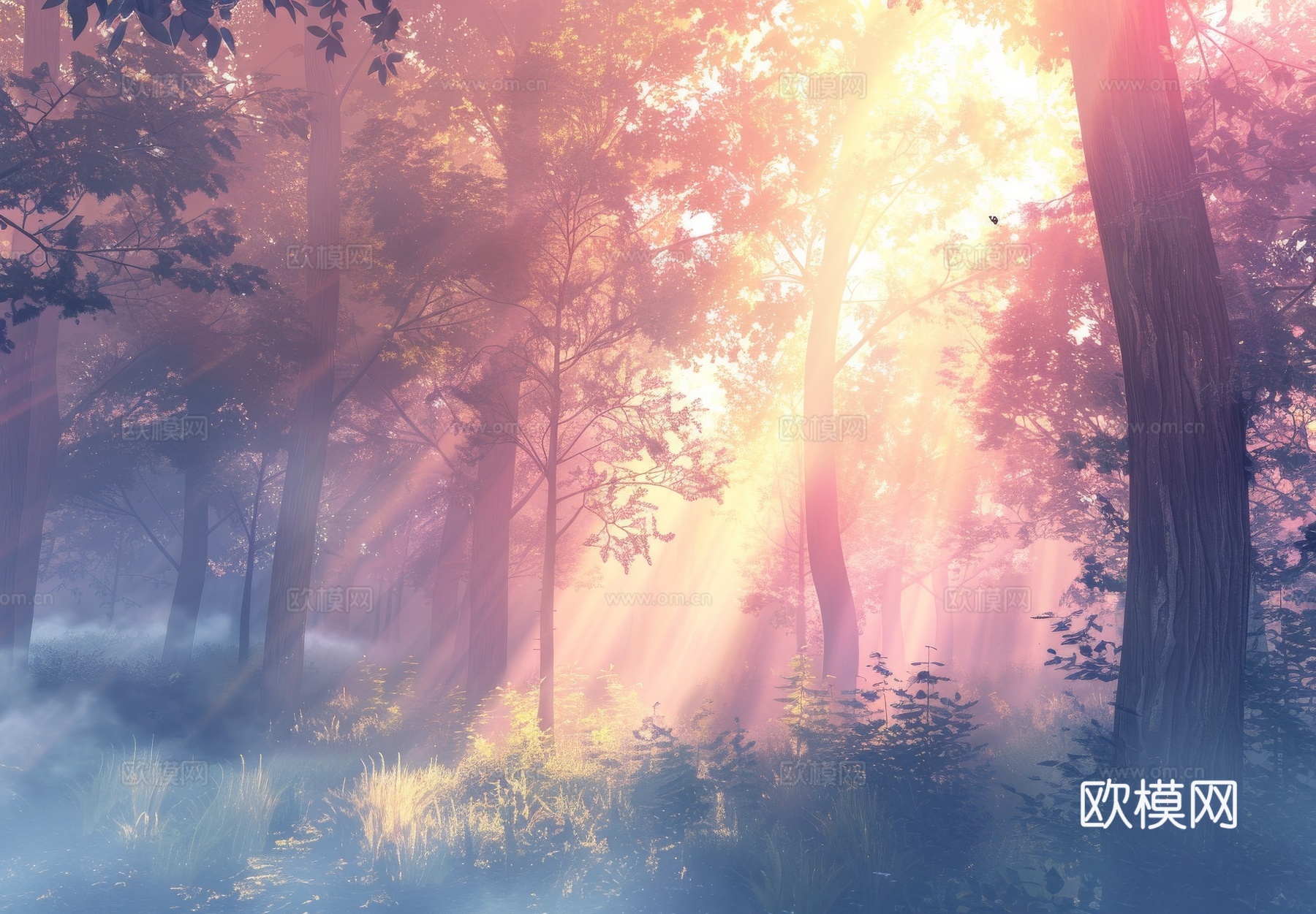 欧式田园热带雨林棕榈植物壁纸壁画下载（渲染图1）