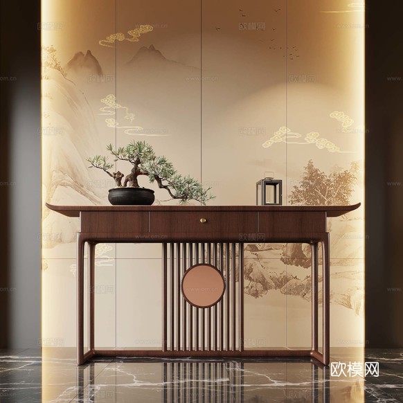 新中式玄关 端景柜 玄关柜 盆栽盆景 摆件su模型下载(渲染图1)