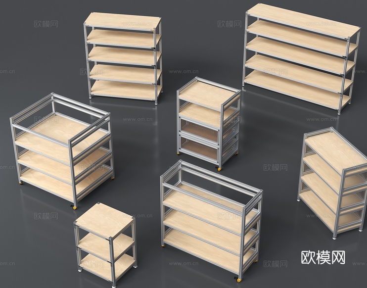 现代铝型材置物架 工业风铝型材工具柜 铝型材操作台 铝型材移3d模型下载
