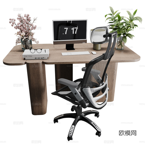 新中式轻奢书桌椅 办公桌椅 电脑桌椅3d模型下载(渲染图2)