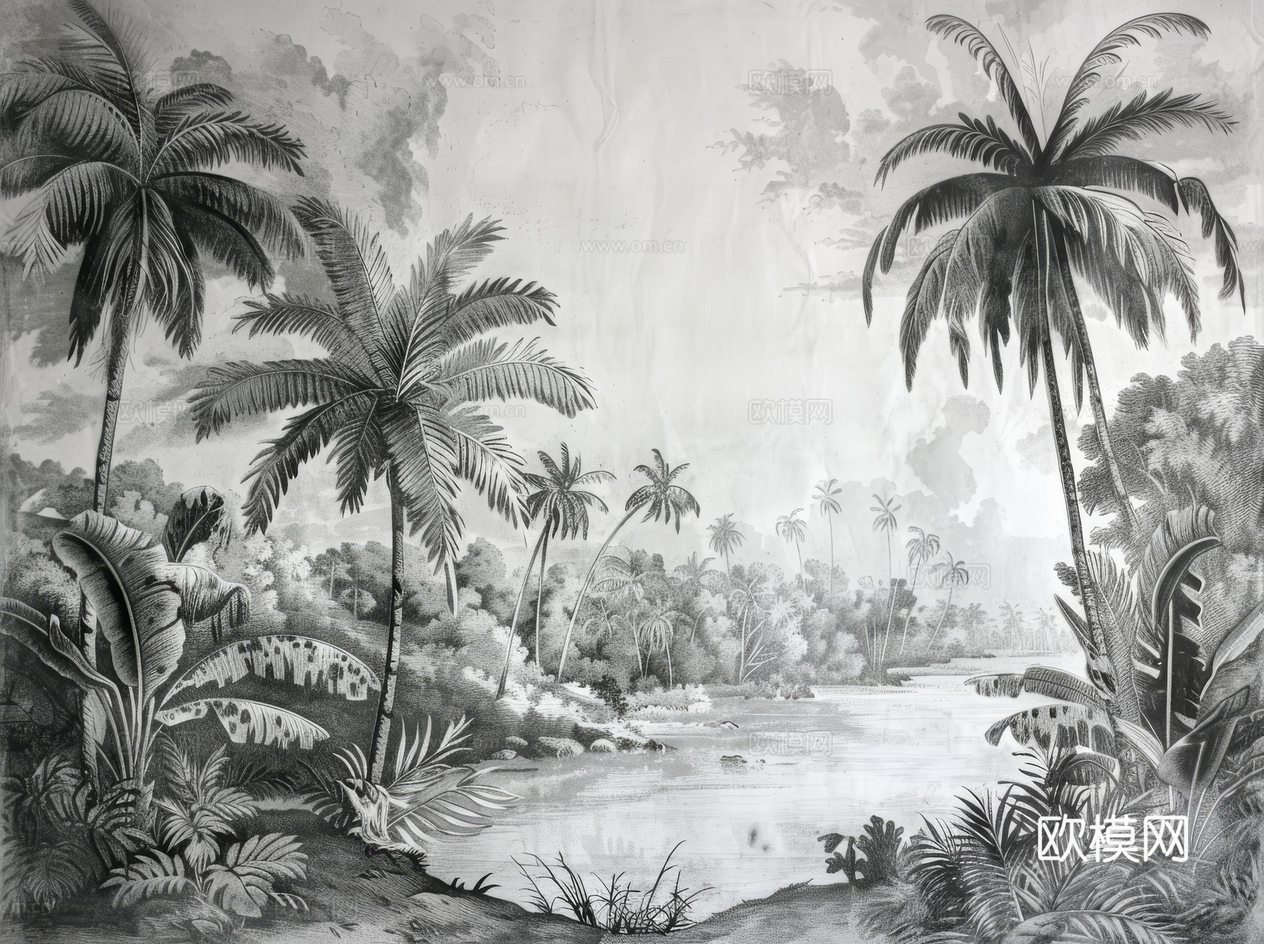 欧式田园热带雨林棕榈植物壁纸壁画下载（渲染图6）