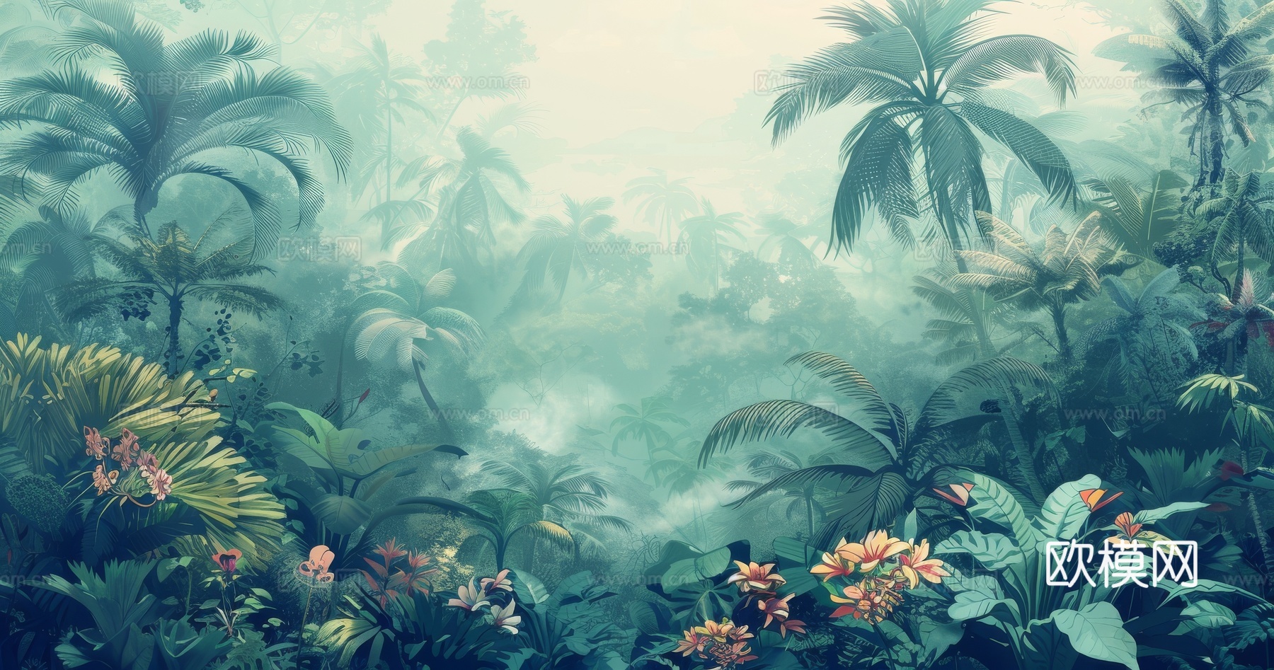 欧式田园热带雨林棕榈植物壁纸壁画