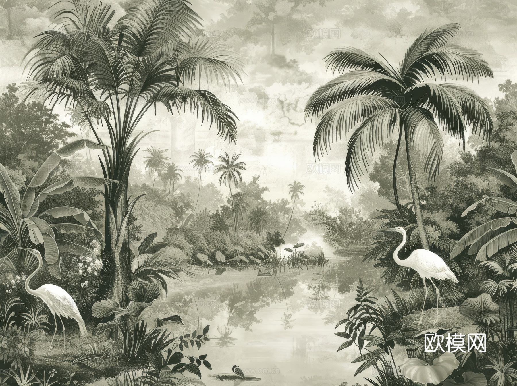 欧式田园热带雨林棕榈植物壁纸壁画下载（渲染图8）