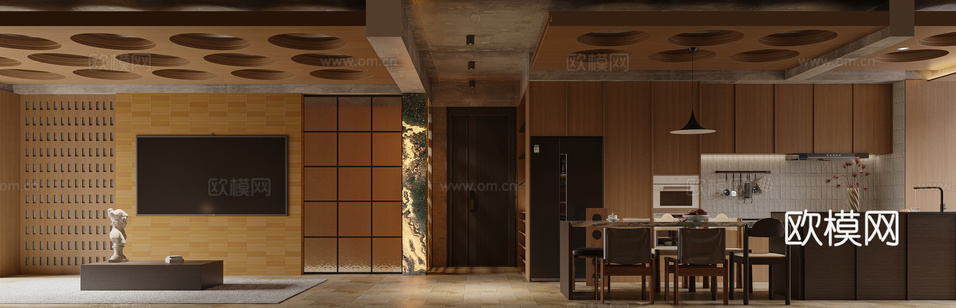 工业风原木小屋,客餐厅3d模型下载(渲染图2)