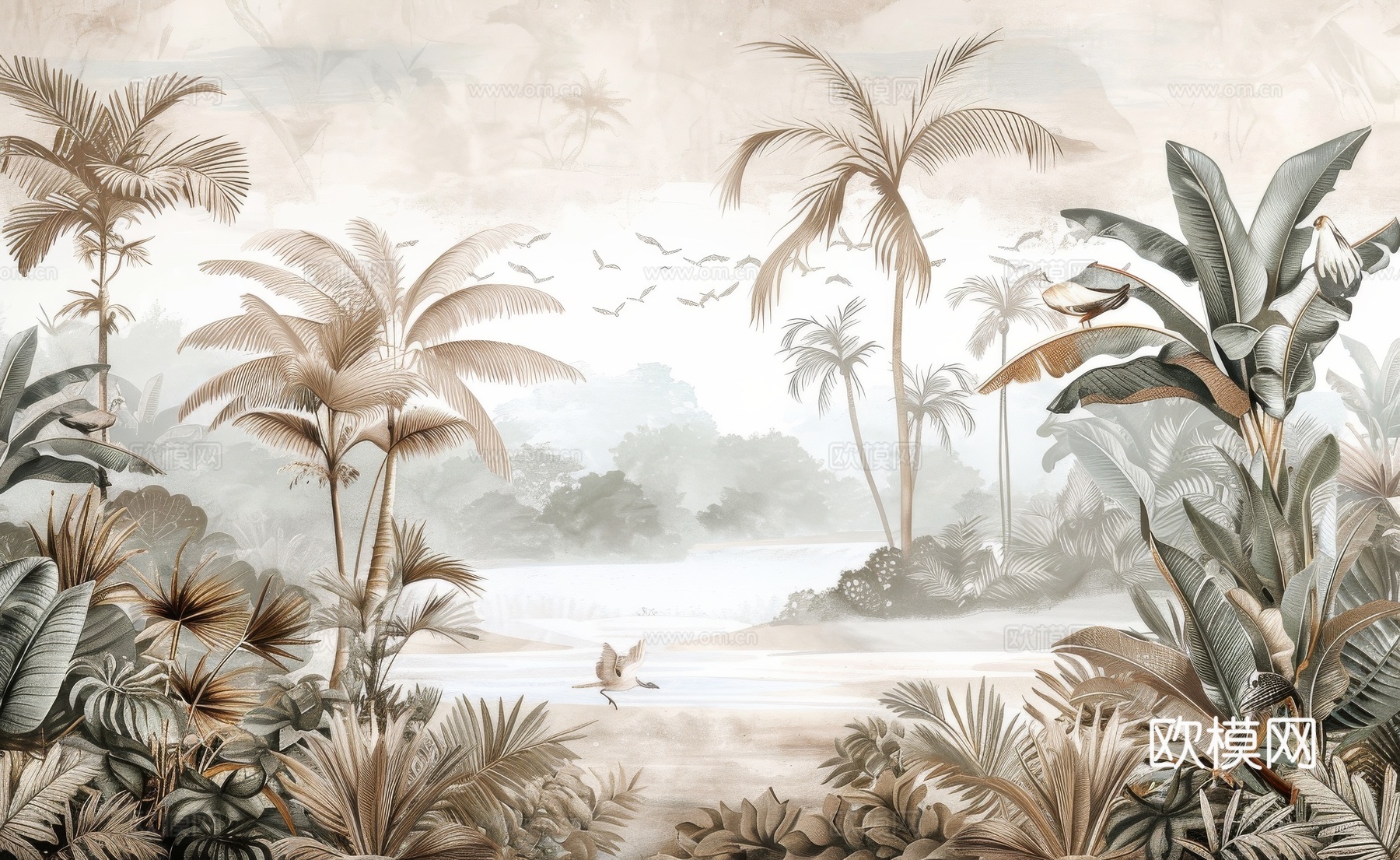 欧式田园热带雨林棕榈植物壁纸壁画