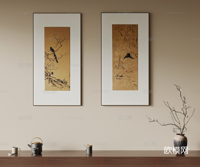 新中式挂画 装饰画 花瓶摆件3d模型下载