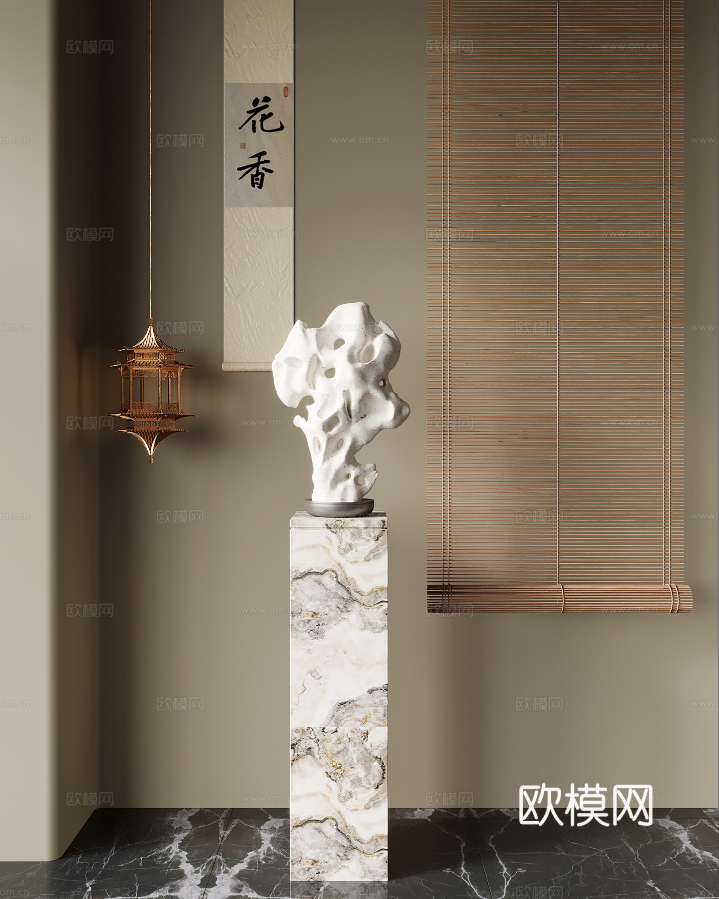 雕塑摆件 新中式雕塑摆件 太湖石 吊灯 挂画3d模型