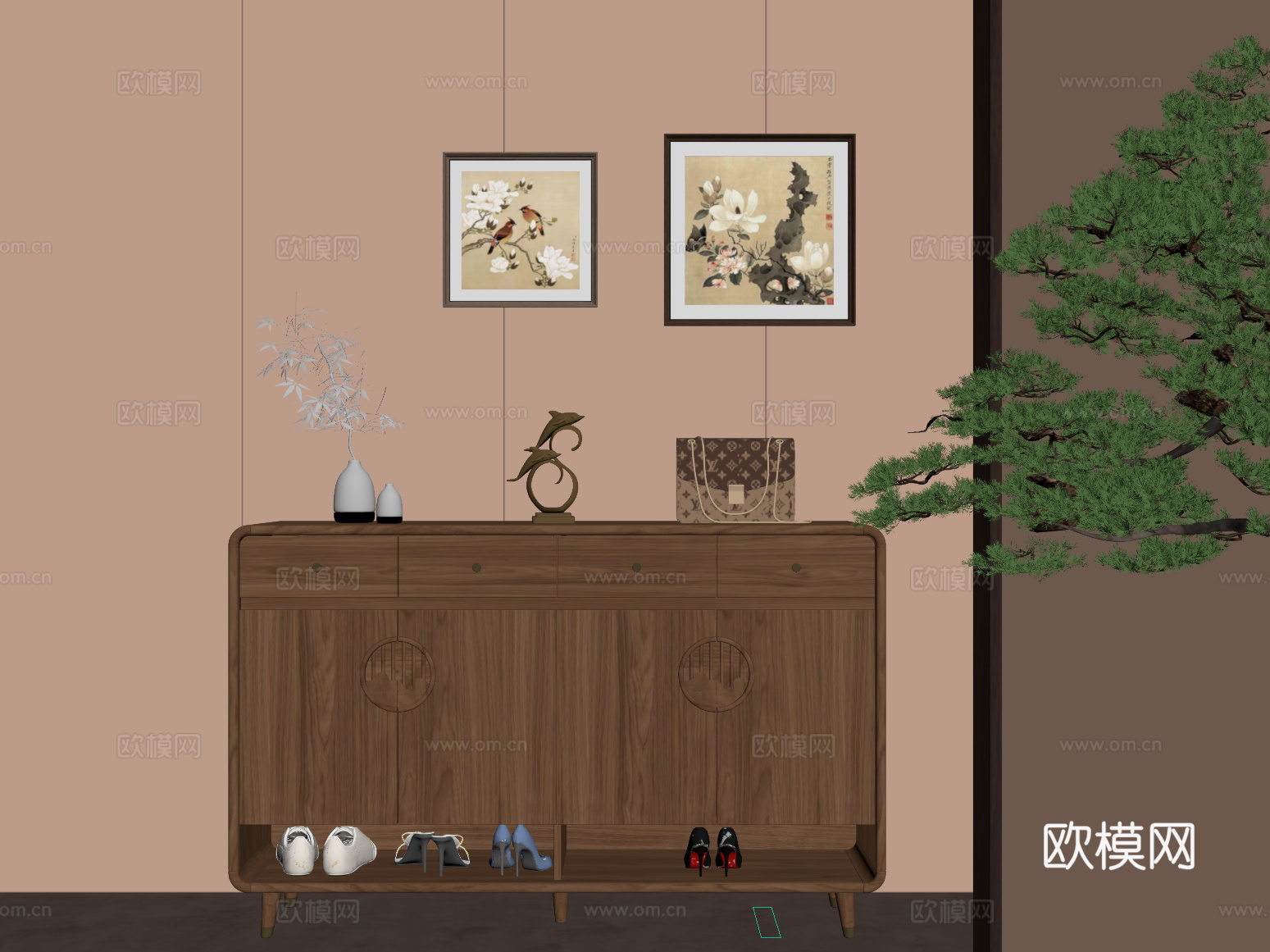 新中式鞋柜 玄关柜 挂画su模型