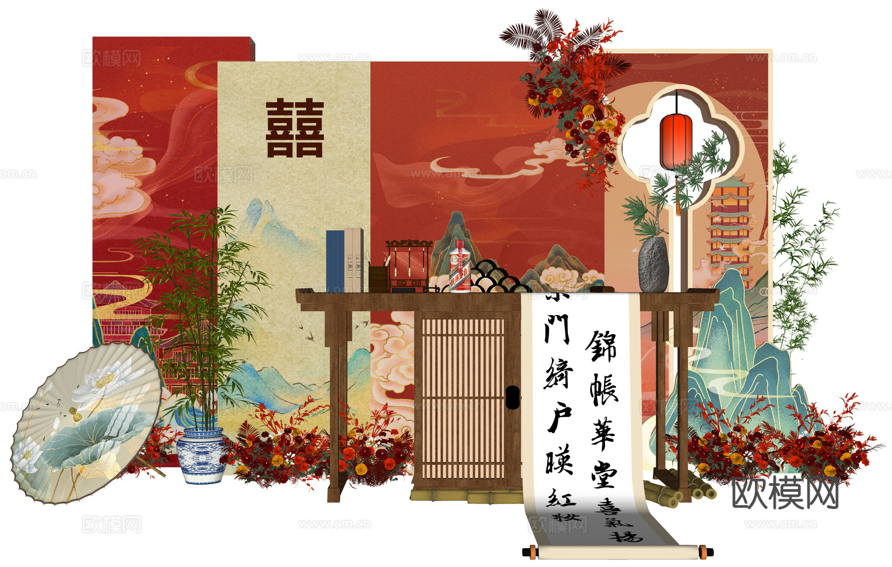 dp互动合影美陈 卷轴条案打卡点 油纸伞书法山水舞台 婚礼新su模型