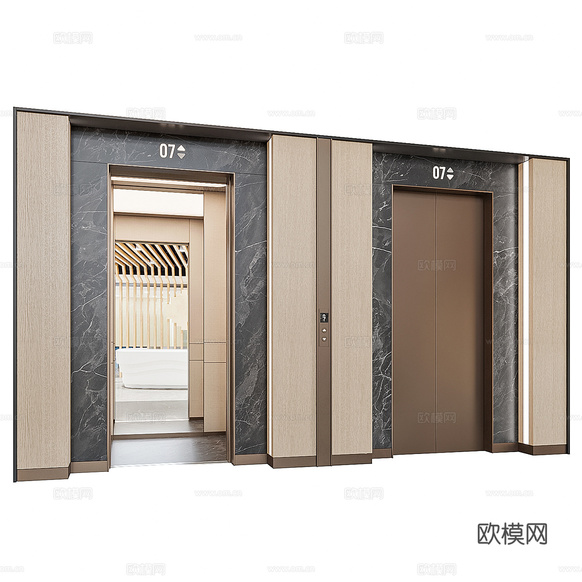 新中式轻奢电梯厅3d模型下载(渲染图2)