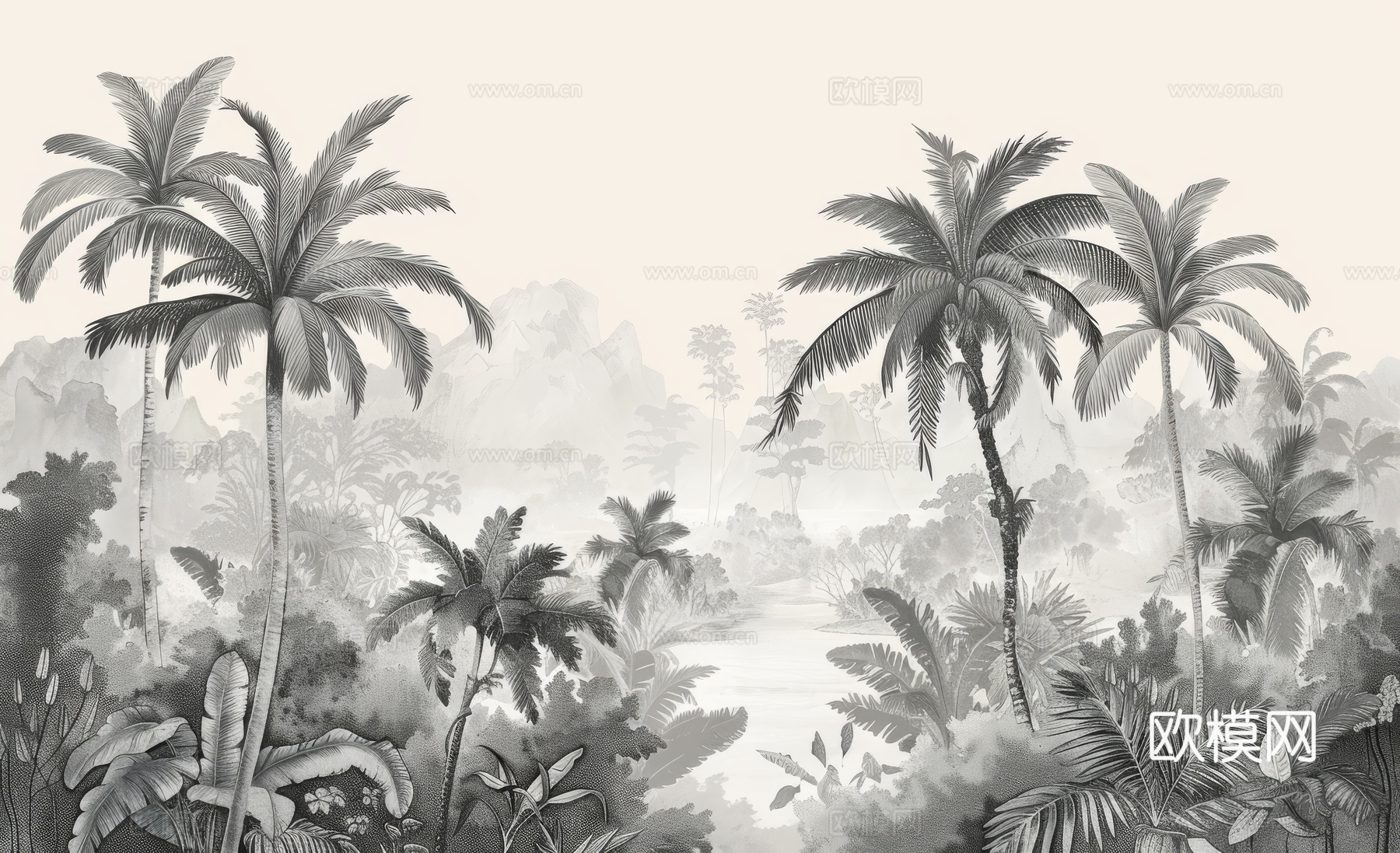 欧式田园热带雨林棕榈植物壁纸壁画下载（渲染图1）